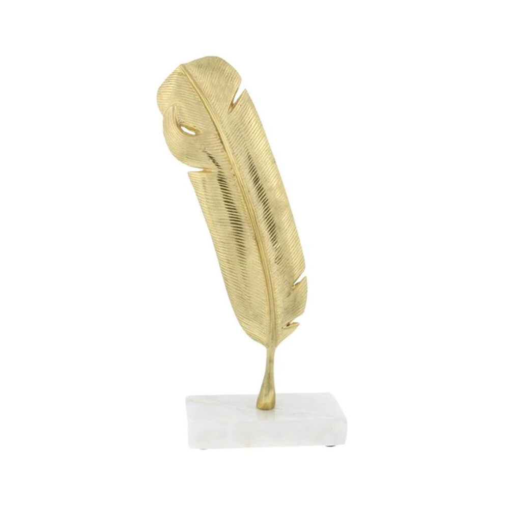 Escultura pluma dorada con base marmol